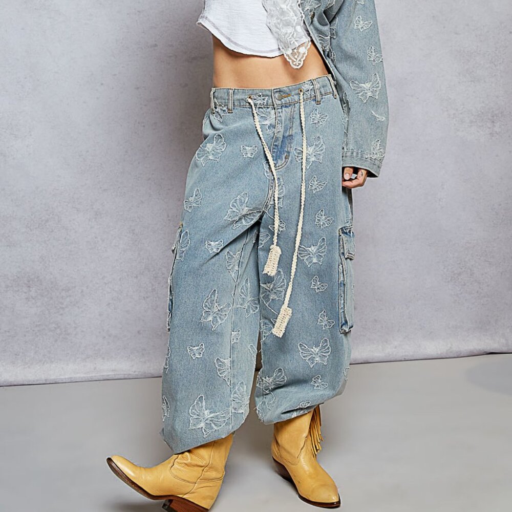 PBFJJ1  POL Jogger pants in denim with butterfly pattern